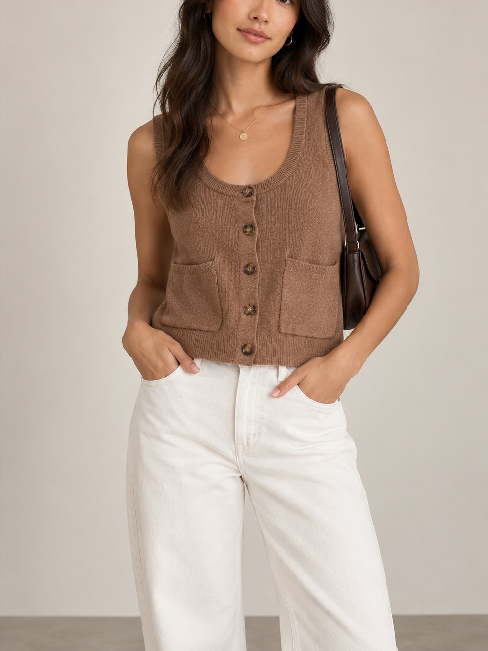 Sleeveless Button-Front Knit Vest in Brown